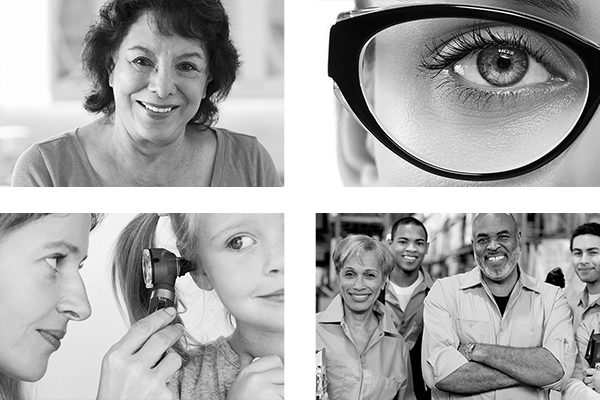 A set of four pictures featuring a senior hispanic woman, a close up of a womans eye with glasses on, a doctor looking in a childs ear, and a group of warehouse workers.