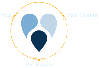 A gold circle with the URL heart logo in the middle, representing the relationship between You, Your Clients, and Our People.