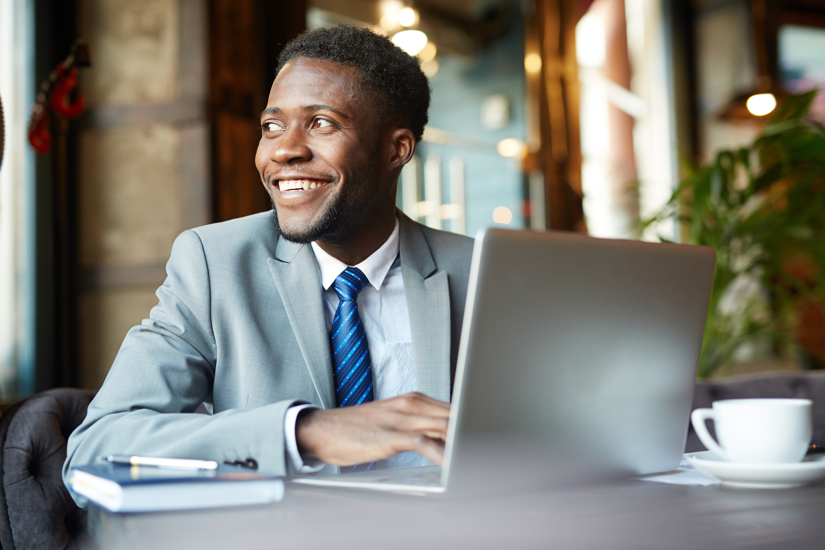 Smiling business man using a computer
